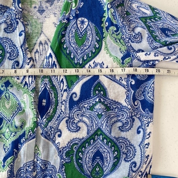 Chico's Cool Paisley Linen Cotton Open Front Cardigan Drape Flare 3/4 Sleeve - Picture 10 of 13